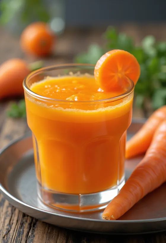 Zumo de zanahoria en vaso alto, decorado con zanahoria fresca y frutas