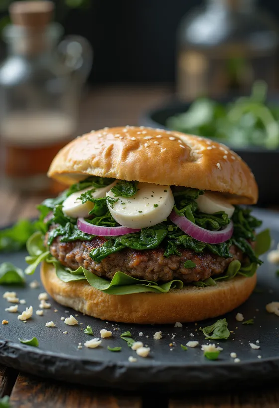Hamburguesa de espinacas y queso de cabra servida