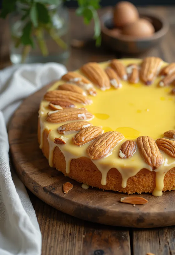 Tarta sueca de almendras con base de almendra y crema de vainilla