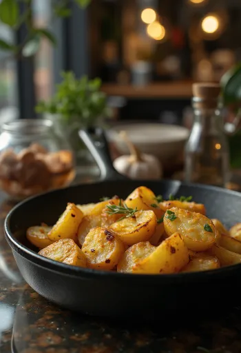 Patatas al horno doradas y crujientes con hierbas frescas.