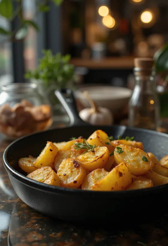 Patatas al horno doradas y crujientes con hierbas frescas.