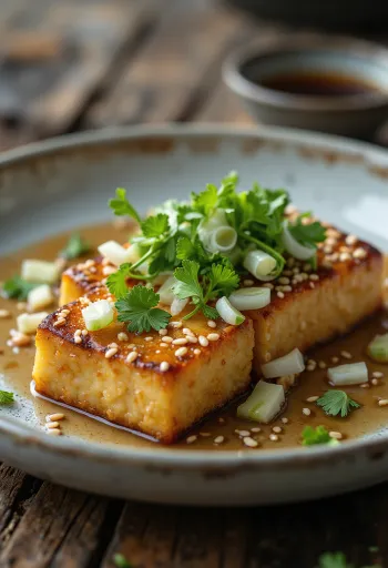 Filetes de tofu con sésamo decorados con cilantro fresco