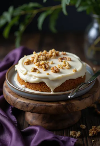 Tarta de zanahoria vegana servida con crema de anacardos