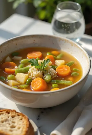 Caldillo de verduras servido con perejil fresco
