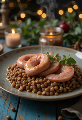 Cotechino, embutido italiano servido con lentejas