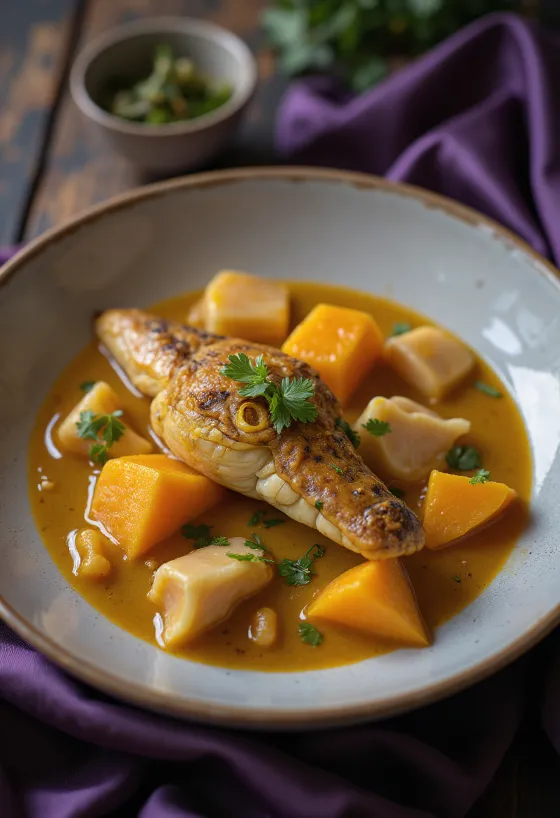 Curry de cocodrilo y calabaza servido en un cuenco con cilantro fresco.