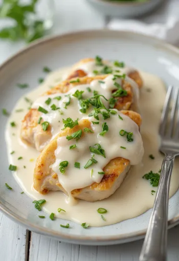 Jugosa pechuga de pollo en salsa de nata, espolvoreada con perejil fresco y servida con pasta.