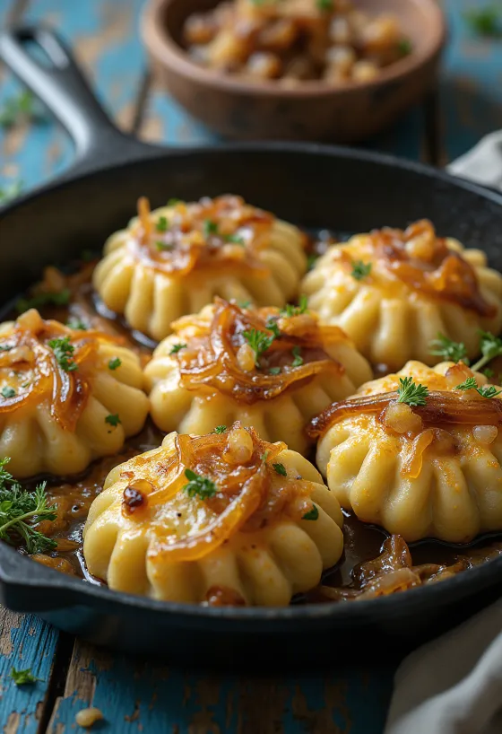 Dödölle crujiente servido con nata y cebolla frita