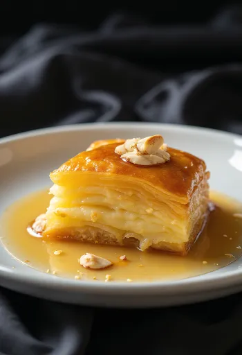 Galaktoboureko con relleno de almendra, en masa dorada, bañado con almíbar dulce