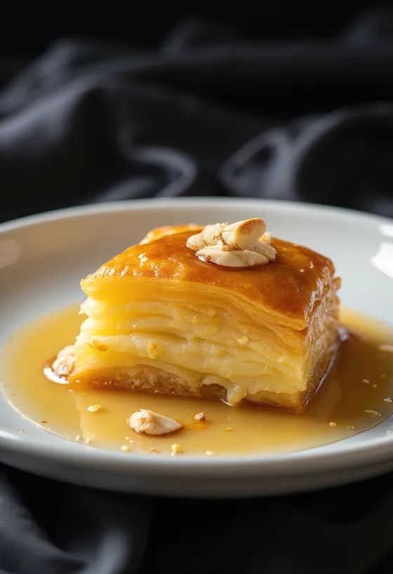 Galaktoboureko con relleno de almendra, en masa dorada, bañado con almíbar dulce