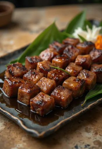 Gyutan yakitori, lengua de ternera en brocheta con sésamo y cebolleta fresca