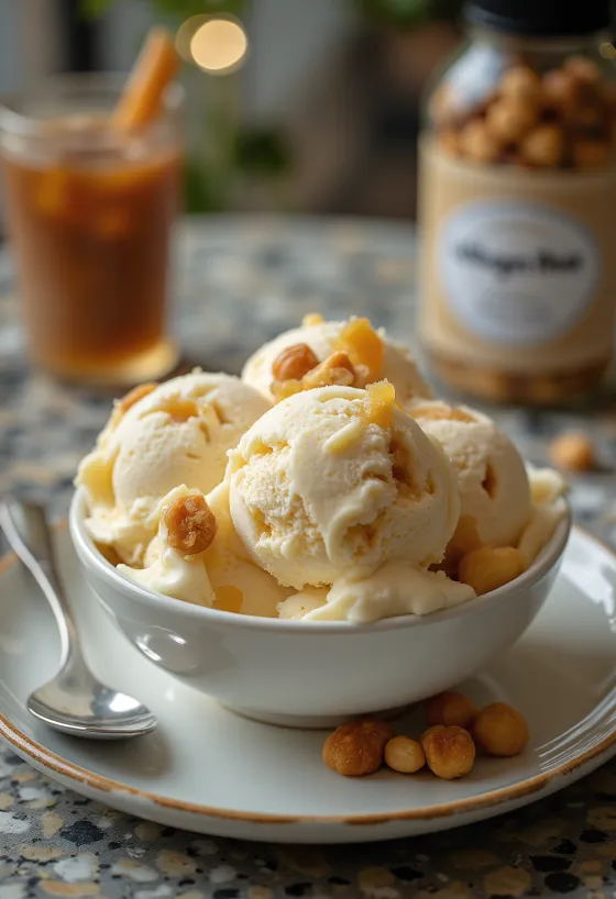 Helado de macadamia y praliné servido