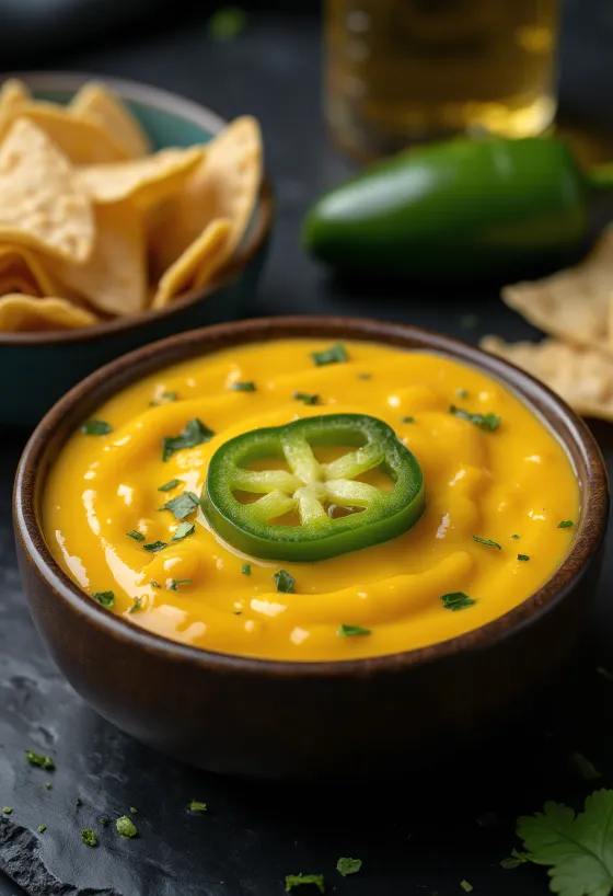 Salsa de queso Cheddar y jalapeños servida