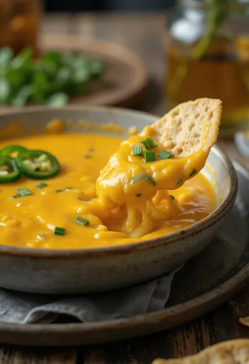 Salsa de queso con jalapeños servida