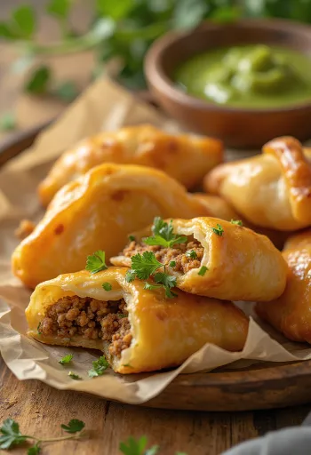Kachori con carne especiada, servido con cilantro fresco
