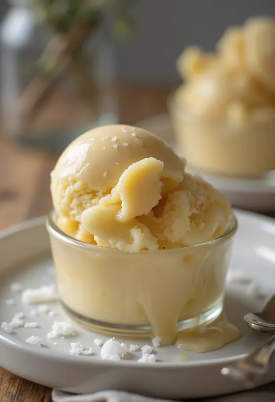 Helado de chocolate blanco caramelizado servido