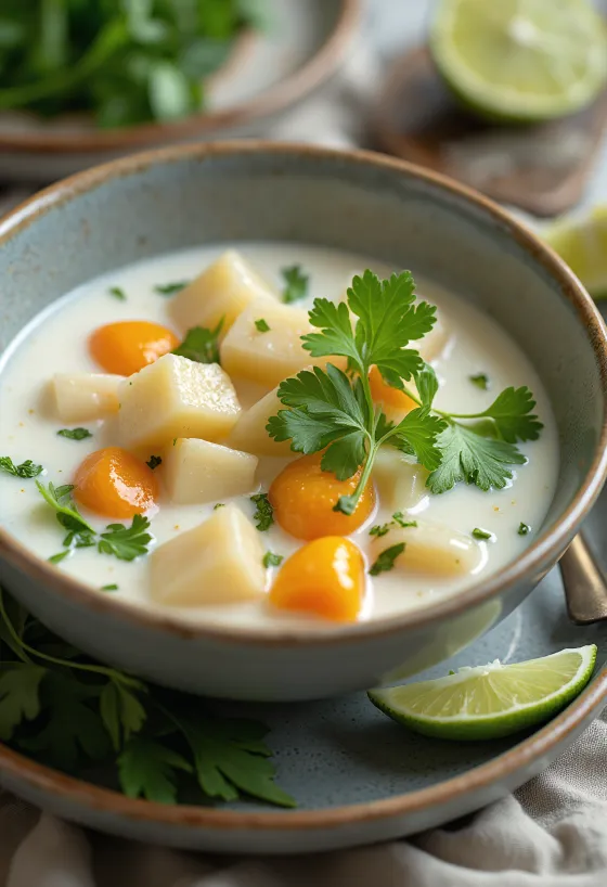 Sopa de verduras con leche de coco y cilantro fresco