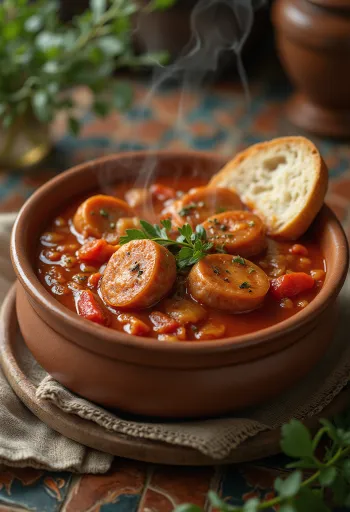 Lecsó con salchicha servido con pimiento fresco, tomate y salchicha ahumada