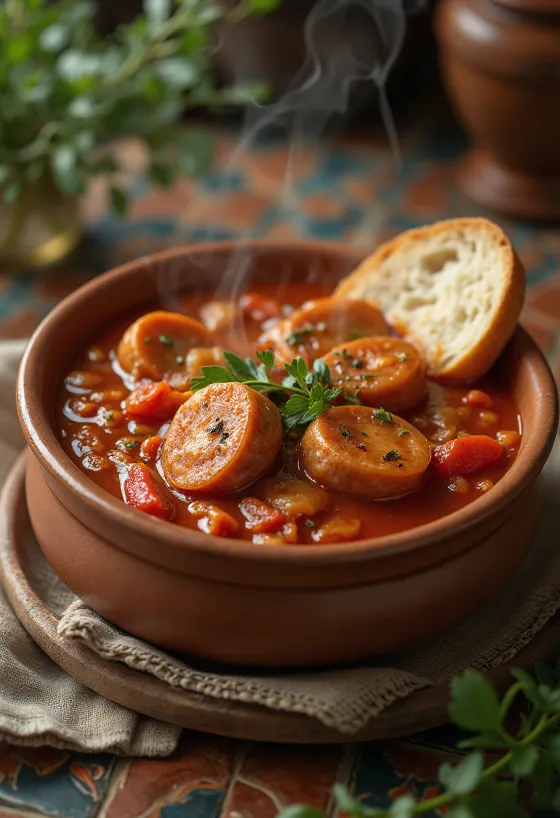 Lecsó con salchicha servido con pimiento fresco, tomate y salchicha ahumada