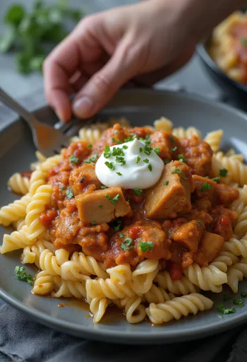 Estofado de cerdo servido con pasta y nata fresca