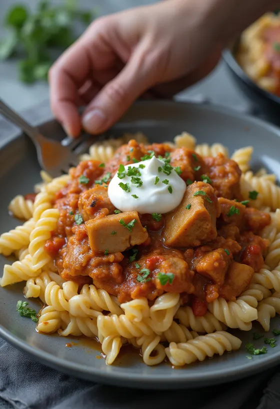 Estofado de cerdo servido con pasta y nata fresca