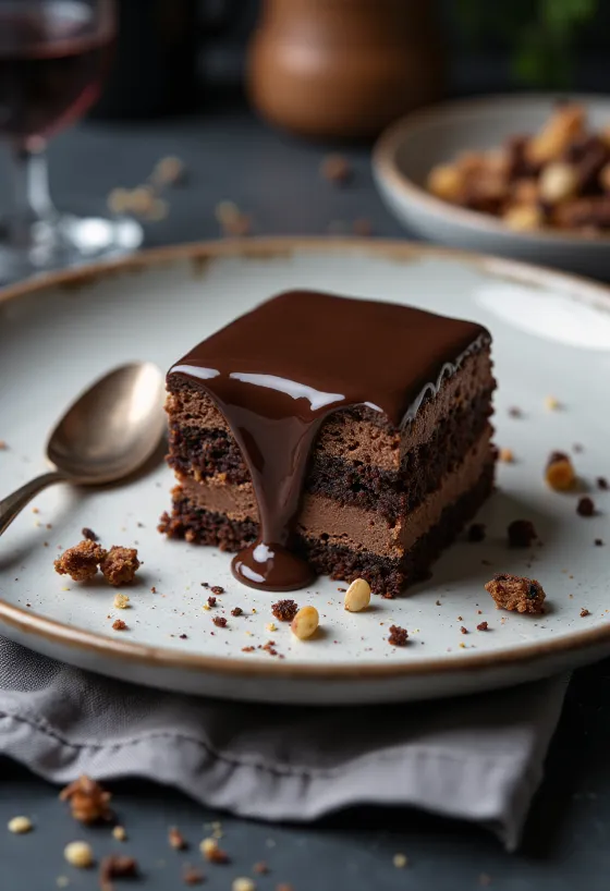 Porción de pastel de chocolate Rigó Jancsi en un plato blanco