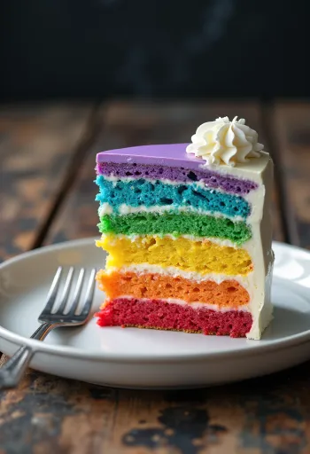 Tarta arcoíris con cobertura de fondant blanco y capas interiores de colores