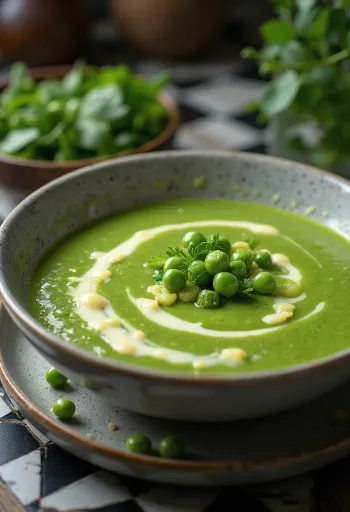 Cremosa sopa de guisantes con perejil fresco