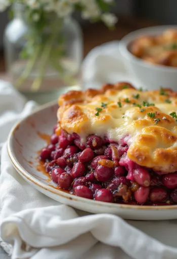 Cazuela de alubias y remolacha servida