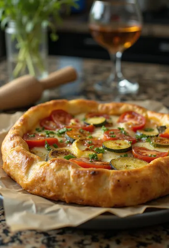Galette con verduras servida en mesa rústica