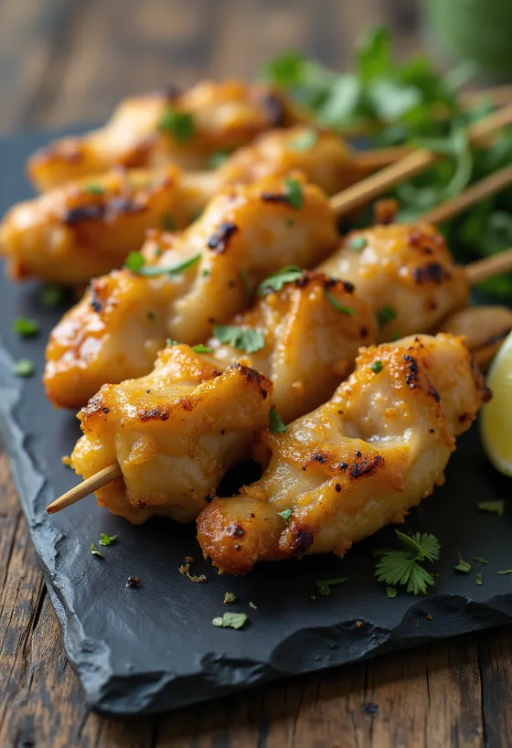 Satay al jengibre, brochetas de pollo a la parrilla en marinada de jengibre
