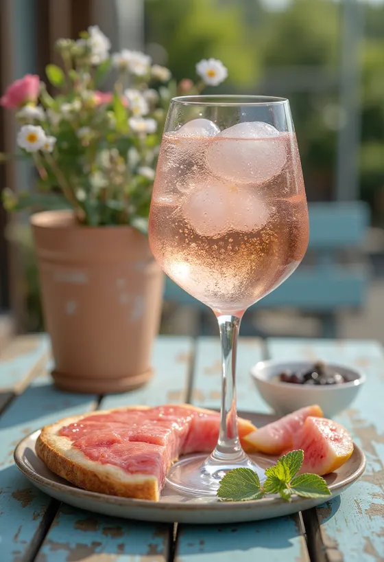 Spritzer de rosado servido con rodaja de limón y hielo