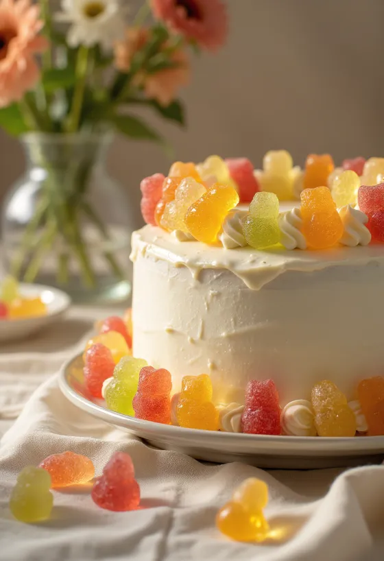 Tarta de gominolas con cobertura de fondant blanco y decoración de chuches