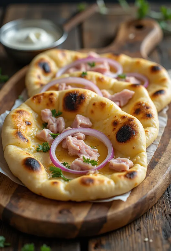 Pan naan de atún servido