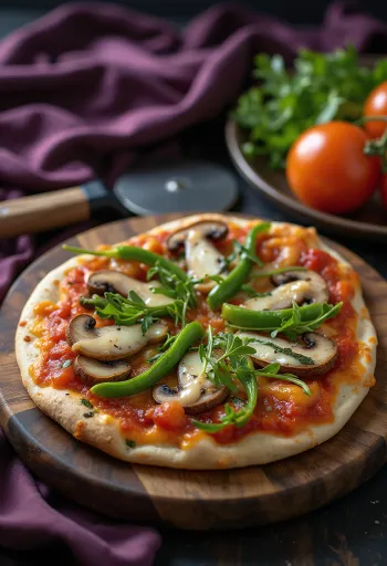 Pizza en tortilla vegana con verduras frescas y rúcula