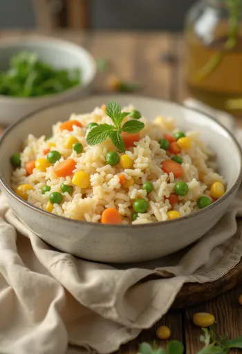 Arroz con verduras, coloridas verduras y hierbas frescas espolvoreadas