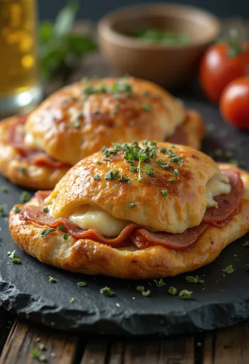 Calzone de salami, dorado y relleno de salami y queso