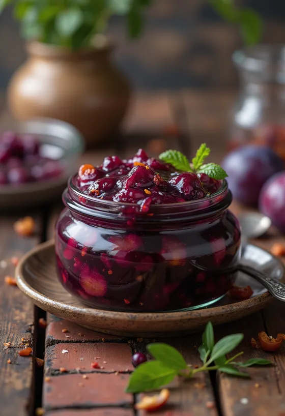 Chutney de ciruelas picante en tarro y servido.