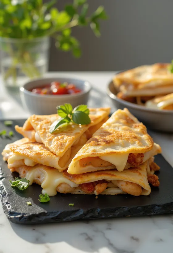 Quesadilla de pollo dorada, servida con queso fundido y hierbas frescas
