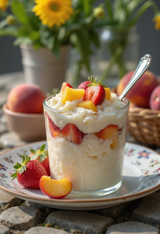 Arroz con frutas decorado con trozos de fruta fresca y nata montada
