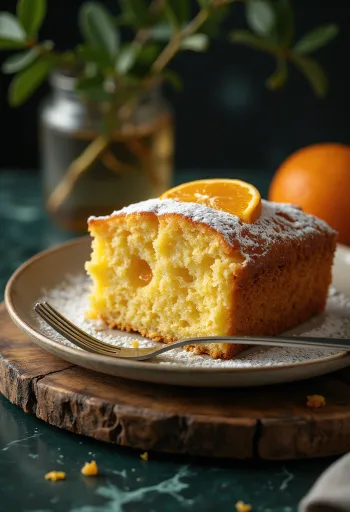 Tarta de miel y naranja cortada en porciones y servida