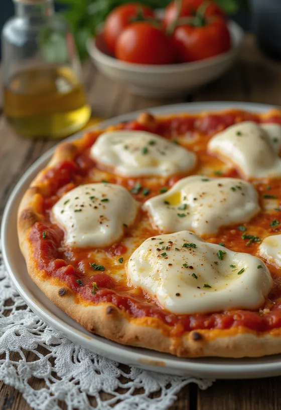 Pizza alla Mozzarella di Bufala con mozzarella de búfala y albahaca