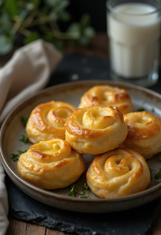 Espirales de queso doradas al horno con masa crujiente y queso fundido, servidas en bandeja.