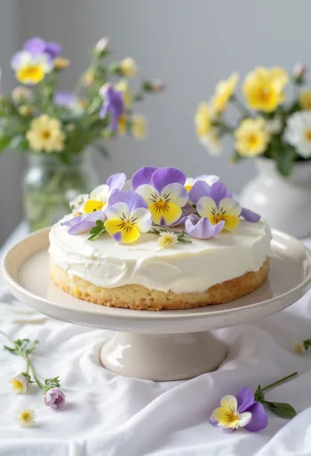 Tarta primaveral decorada con flores comestibles