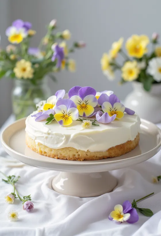 Tarta primaveral decorada con flores comestibles