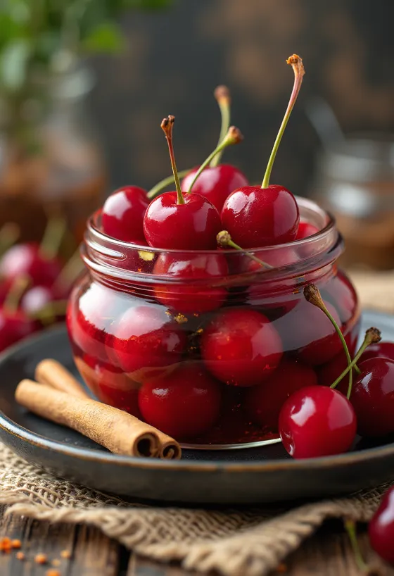 Cerezas encurtidas picantes servidas en tarro