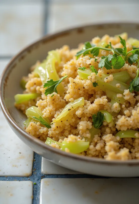Bulgur especiado con col rizada servido