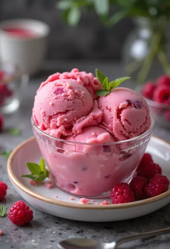 Helado de frambuesa servido