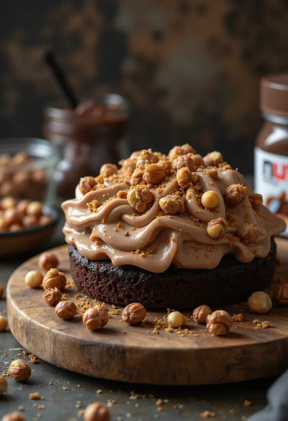 Tarta de Nutella y mascarpone decorada con nata y virutas de chocolate