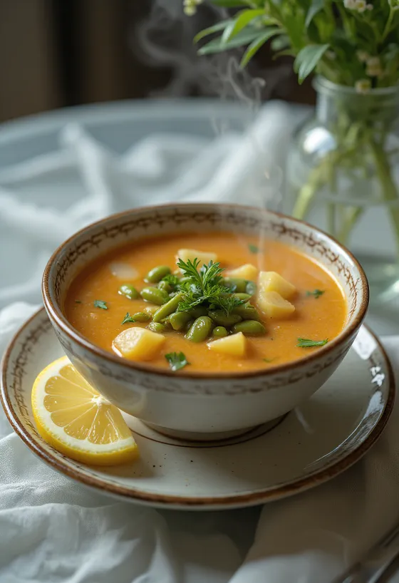 Sopa Palóc tradicional, preparada ricamente con judías verdes, patata y carne de cordero.